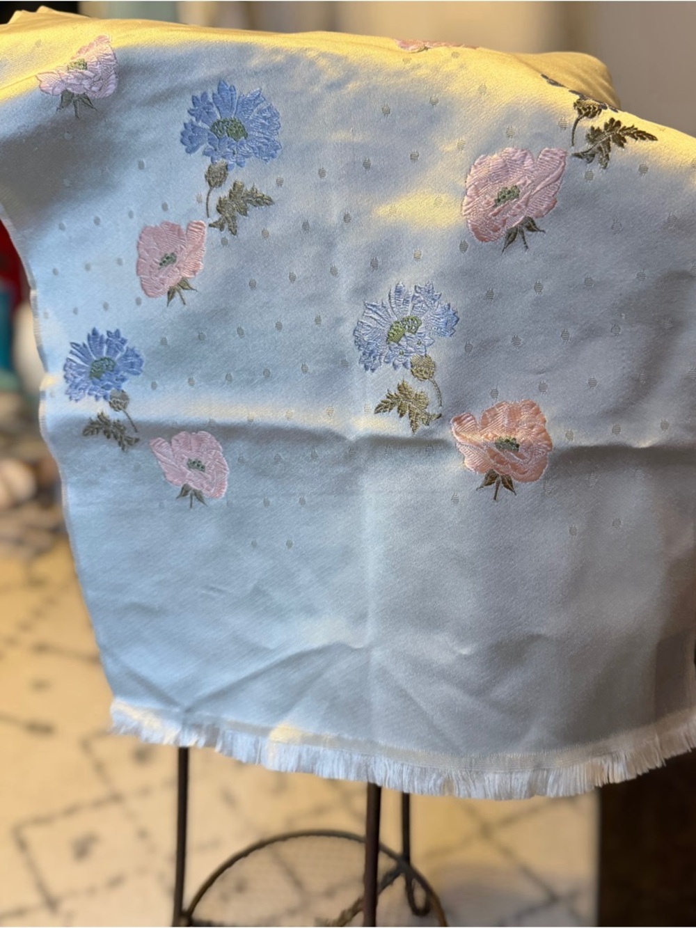 Vintage Vanette Creations Embroidered Floral Light Blue Scarf